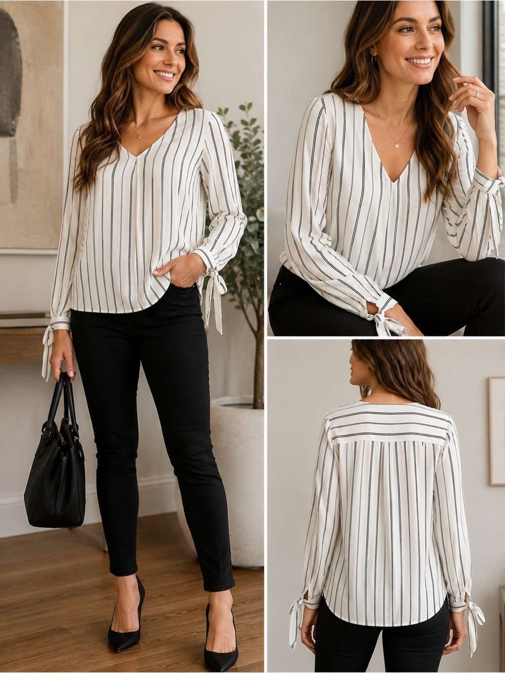 HYFVE Ivory White Black Striped V-Neck Tie Cuff Blouse Large EUC